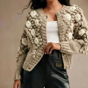 Khaki Casual Women's Crew Neck Long Sleeve Thick Knitted Loose Sweater Jacket